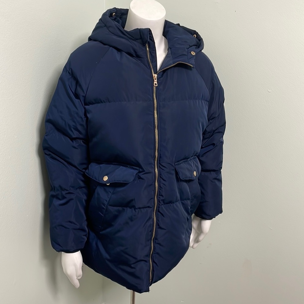 Zara Kids Down Puffer Coat Jacket Blue Full Zip Hooded Winter